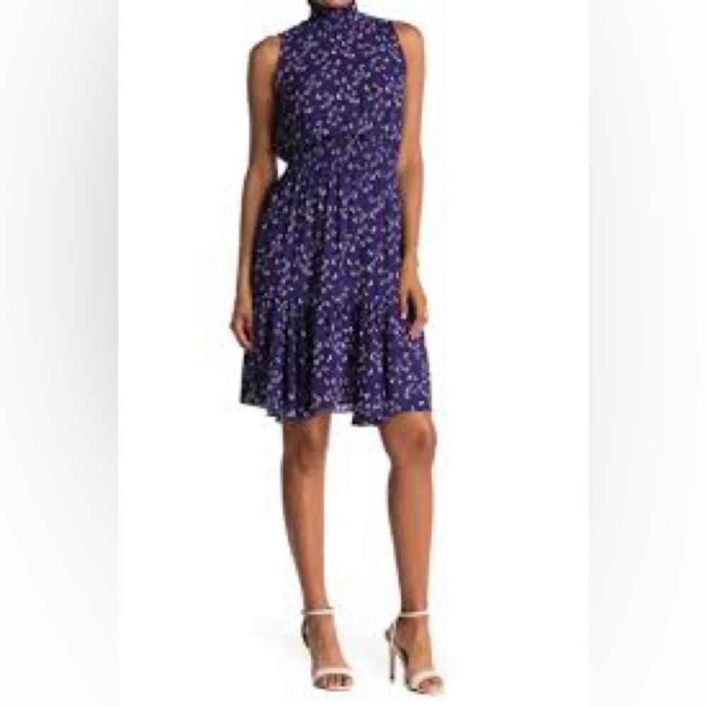 Nanette Lepore Sleeveless Smocked Turtleneck Dress Floral Print Blue White Sz 10